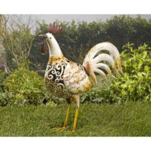 Solar Cockerel Garden Ornament - Light-Up Metal Hen Silhouette, White & Colour LEDs, Auto-On at Dusk, 39cm tall