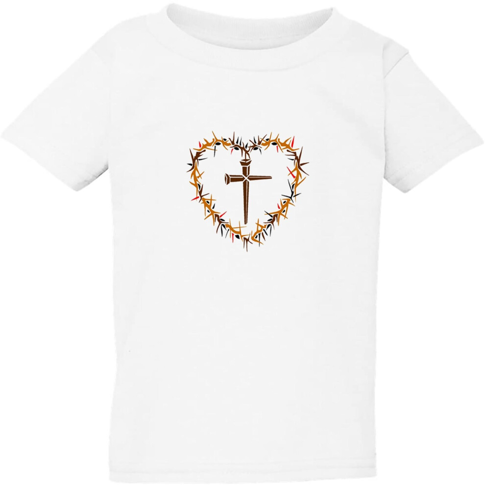 (XL / 5T / 4-5 YO) Crown of Thorn Heart Christian Cross Jesus White Kids Boys Girls T Shirt Tee Top