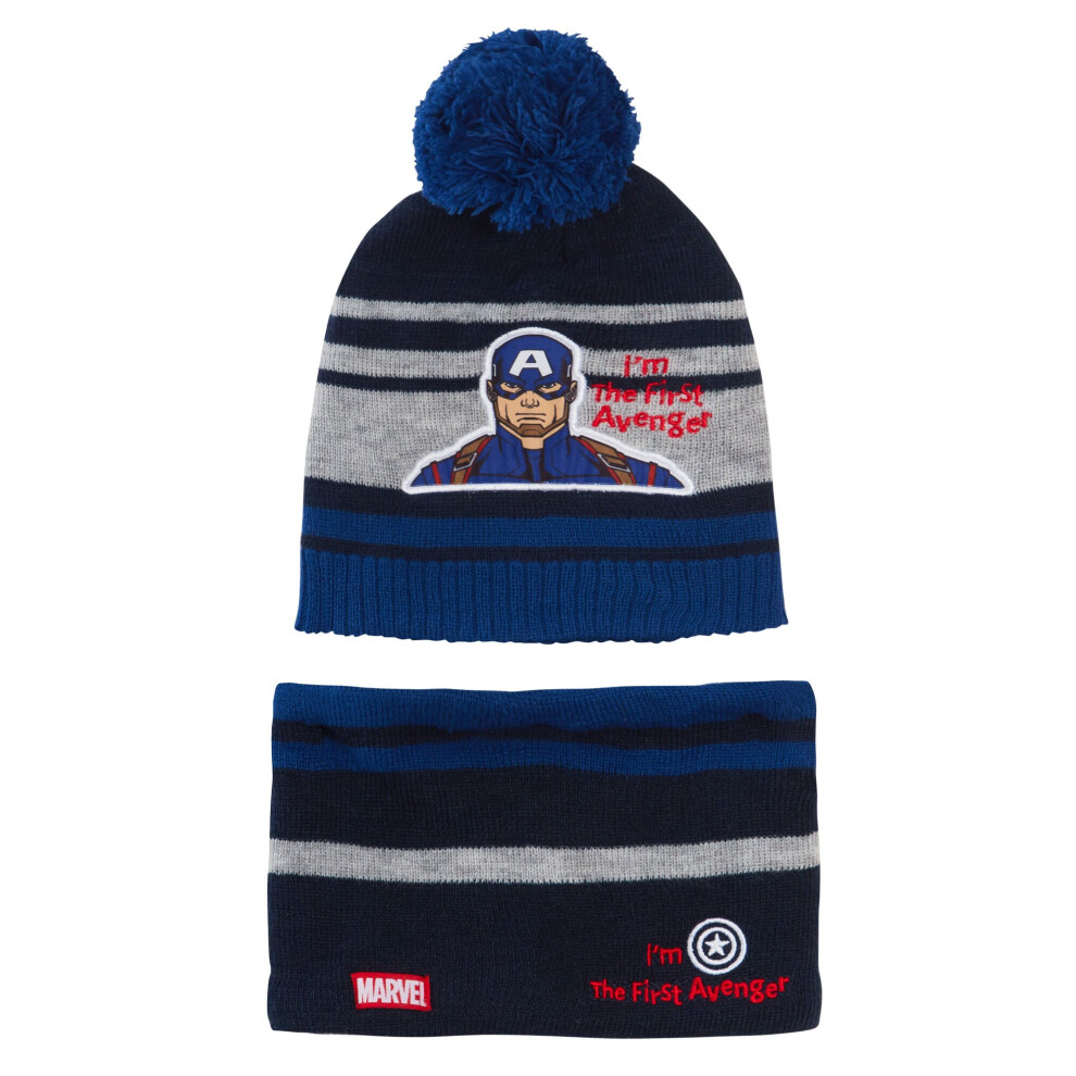 Marvel (Blue, 6-8 Years) Boys Bobble Hat + Snood Winter Set Captain America Or Black Panther Set
