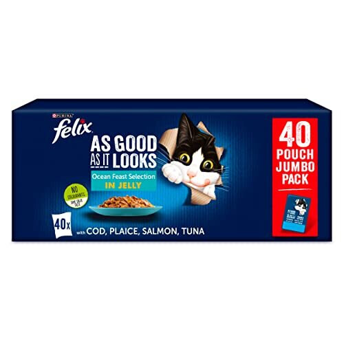 Felix PURINA FELIX AS GOOD AS IT LOOKS OCEAN FEASTS Fish selection in Jelly with cod, with plaice, with salmon, with tuna Wet Cat Food Pouch 40x100g