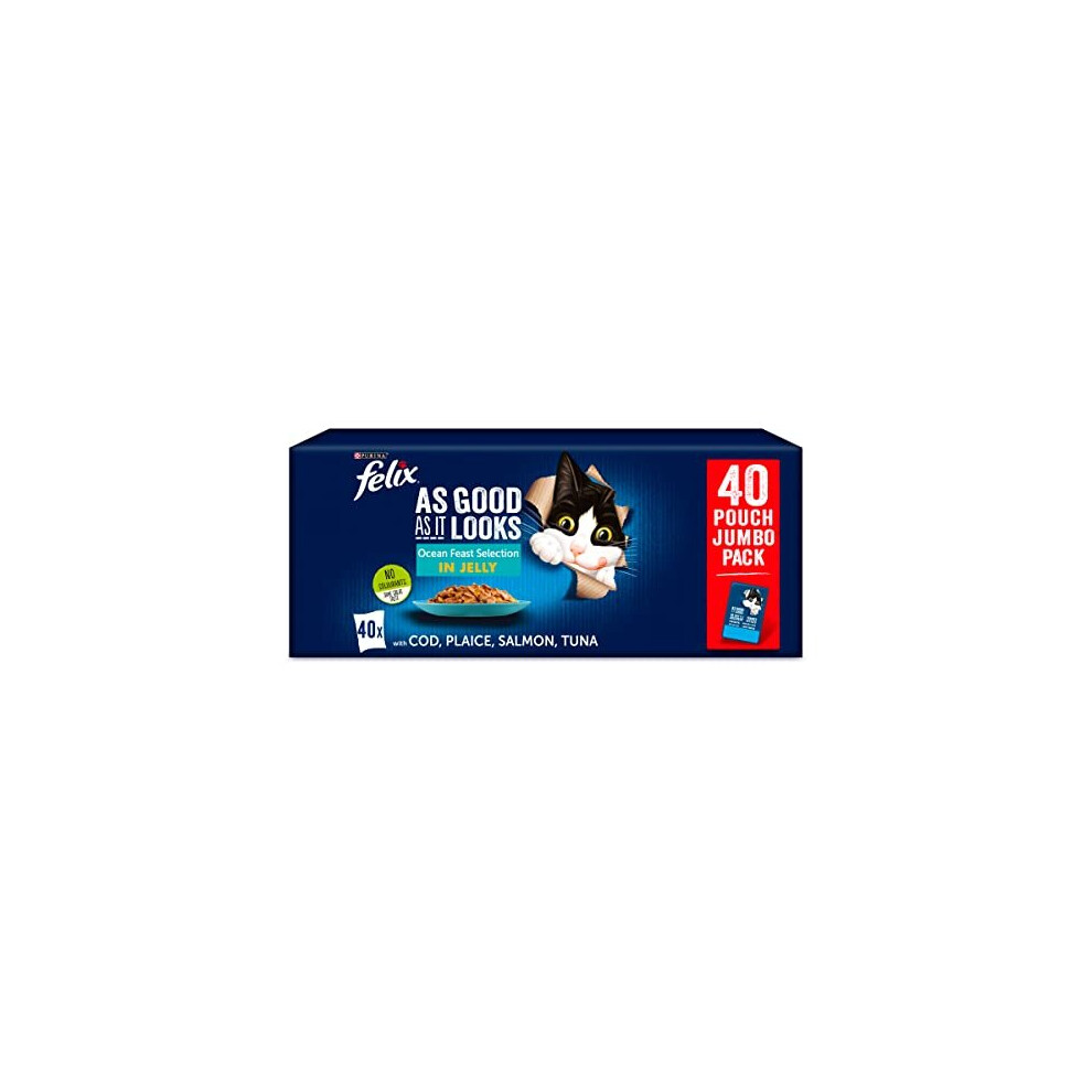 Felix Purina As Good As It Looks Ocean Feasts Fish Selection In Jelly With Cod, With Plaice, With With Tuna Wet Cat Food Pouch 40X100g Salmon