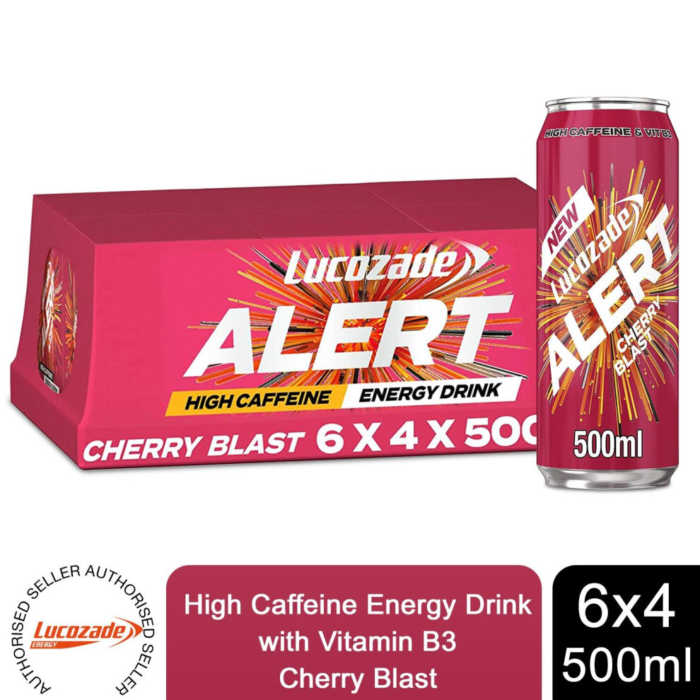 Lucozade Alert Cherry Blast High Caffeine Drink, Vitamins B3, 24X500ml