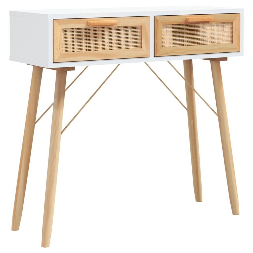Vidaxl Console Table White 80x30x75cm Solid Pine Wood Natural Rattan Scandinavian Style - Image 2