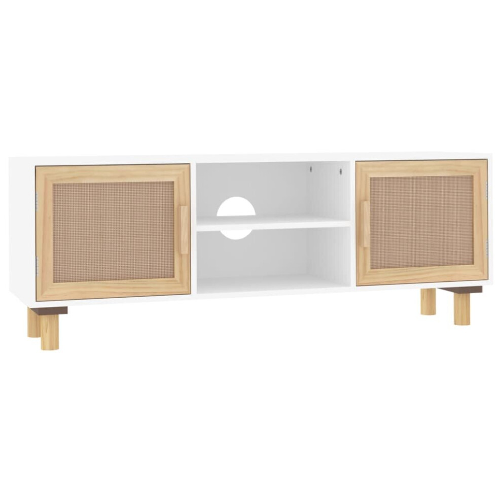Vidaxl (White) Tv Cabinet Tv Stand Media Tv Unit Solid Wood Pine And Natural Rattan