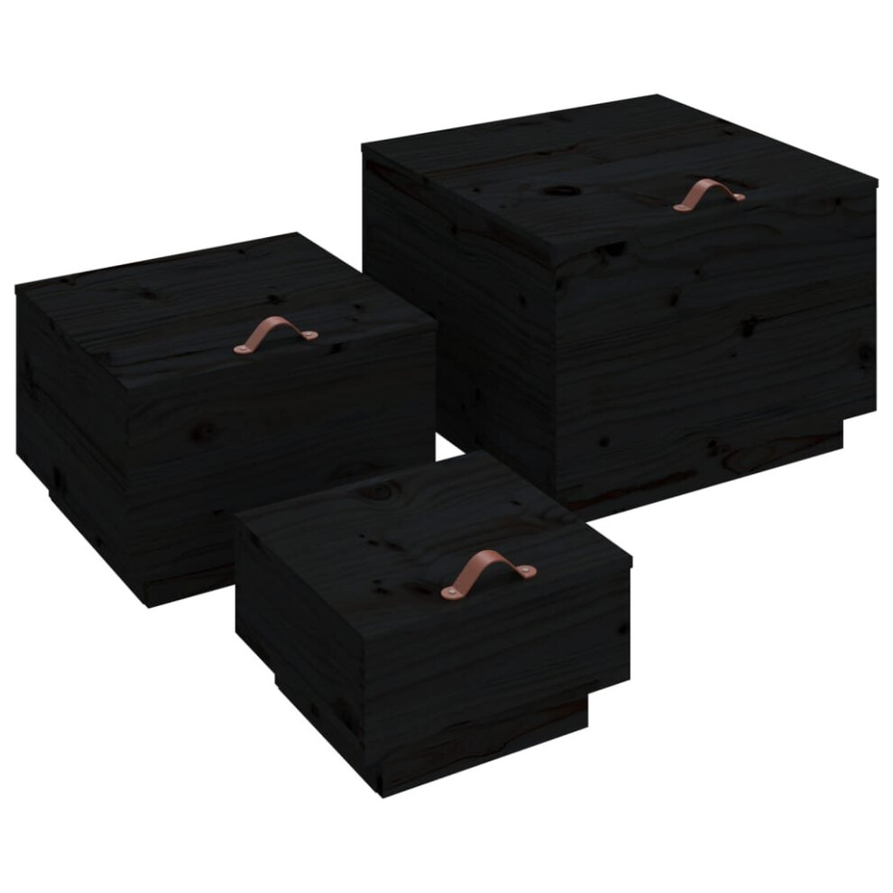 (Black) vidaXL 3x Solid Wood Pine Storage Boxes with Lids Tool Chest Multi Colours