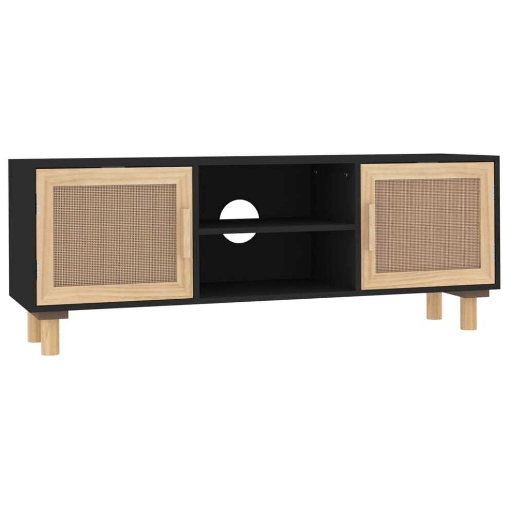 Vidaxl (Black) Tv Cabinet Tv Stand Media Tv Unit Solid Wood Pine And Natural Rattan