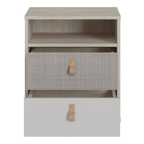 Denim 2 Drawer Bedside Cabinet in Light Walnut, Grey Fabric Effect and Cashmere 1