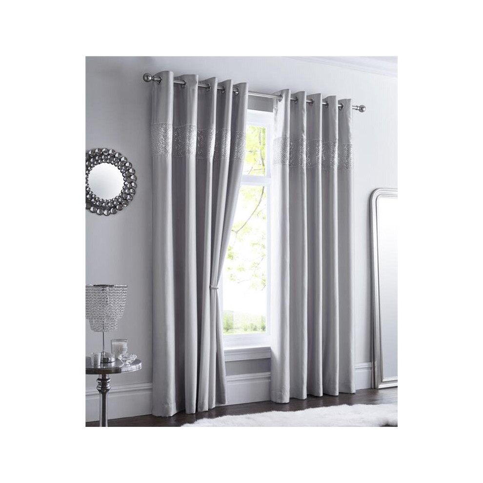 (46 x 72" (117x183cm)) Grey curtains lined eyelet ring top ready made silver sequin geometric