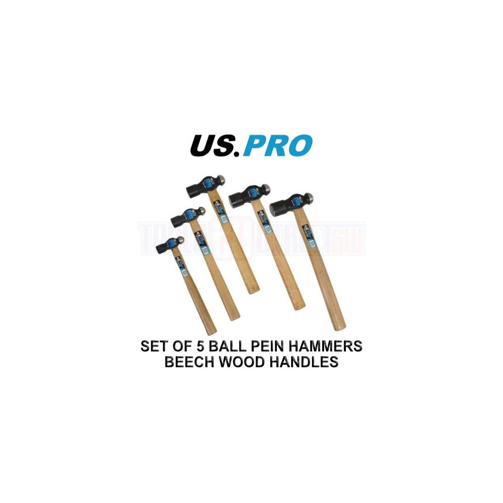 US PRO Tools 5pc Ball Pein Hammers Set 8 16 24 32 40oz Beech Wood Handles 4532