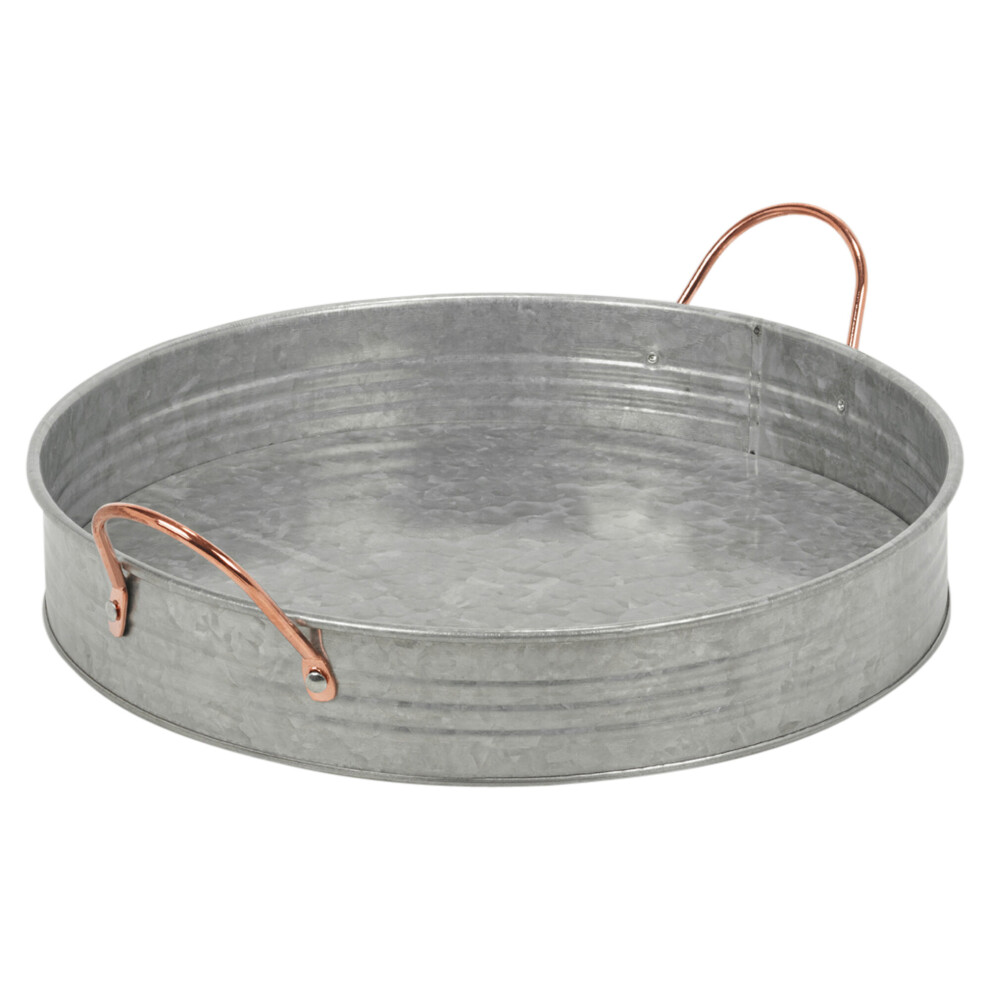 Large Round Galvanised Zinc Metal Serving Tray with Copper Handles