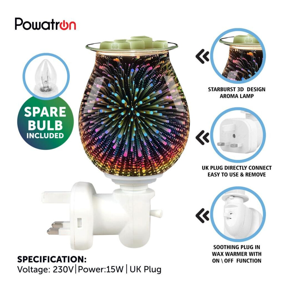 (3D Starburst) Aroma Lamp Plug-In Wax Warmer Oil Burner 3D Night Light Diffuser Sooth Electric