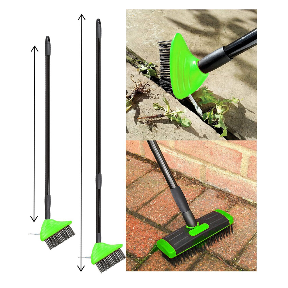 3 in 1 Telescopic Weed Remover Brush Wire Head Paving Decking Clean Scrub Moss