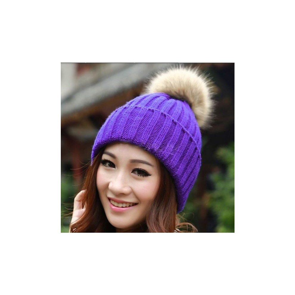 (Purple) Fur Pompom Hat Knitted Winter Warm Woolly Pom Pom Beanie