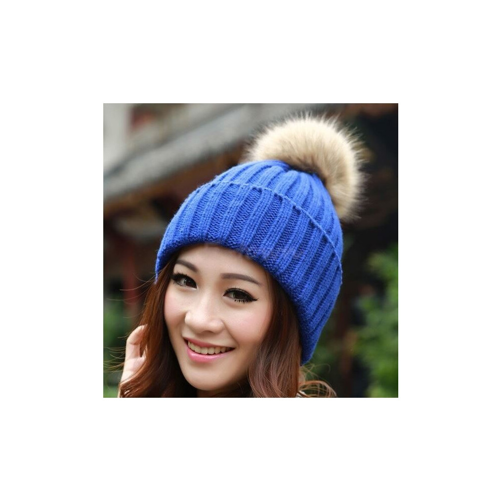 (Blue) Fur Pompom Hat Knitted Winter Warm Woolly Pom Pom Beanie