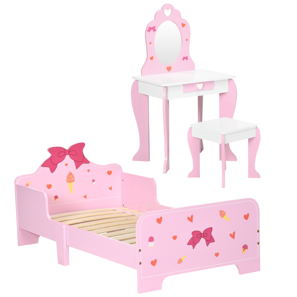 ZONEKIZ 3PCs Kids Bedroom Furniture Set with Bed, Dressing Table and Stool, Pink