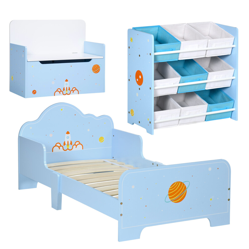 ZONEKIZ 3PCs Kids Bedroom Furniture Set W/ Bed Toy Box Storage Unit, Space, Blue