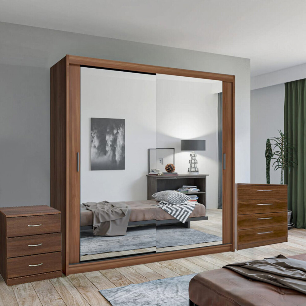 (Walnut, 203 cm) Chen Sliding Mirror Wardrobe With Chest Drawers