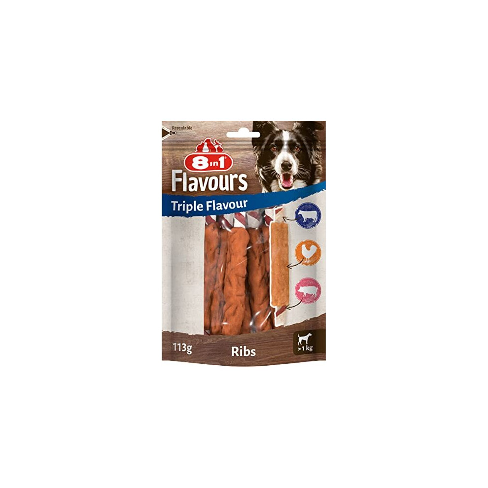 8In1 Triple Flavour Ribs Chew Sticks For Dogs - Extra-Meaty Chew Snacks, Bag (Approx. 6 Pieces) 113G
