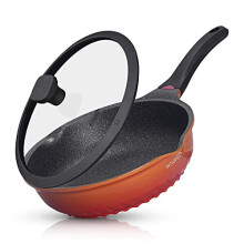 INTIGNIS Non Stick Frying Pan with Lid Large Deep Stainless Steel Base Anti Scratch Induction Gas Electric All Hob Types (Orange)