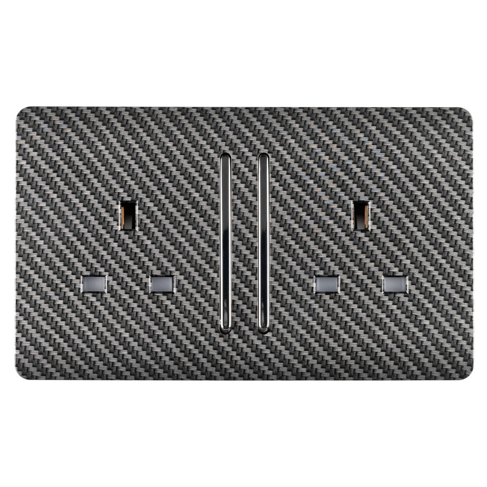 Trendi 2 Gang Artistic Modern Glossy 13 Amp Long Switched Tactile Plug Socket Carbon Fibre