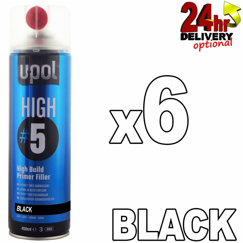 U-Pol High5 1K Ready For Use High Build Paint Primer 450Ml 6 Cans Upol Black 5060859870488