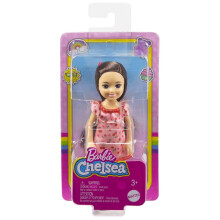 Barbie-Chelsea-Puppe (brnett) mit Rschenkleid mit Kirschmuster und schwarzen Schuhen, Spielzeug fr Kinder ab 3 Jahren