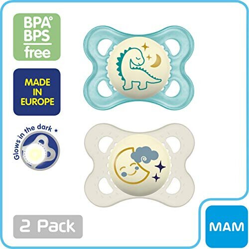 MAM MAM Night Glow in the Dark Silicone Pacifier, Blue, 2-Count 2