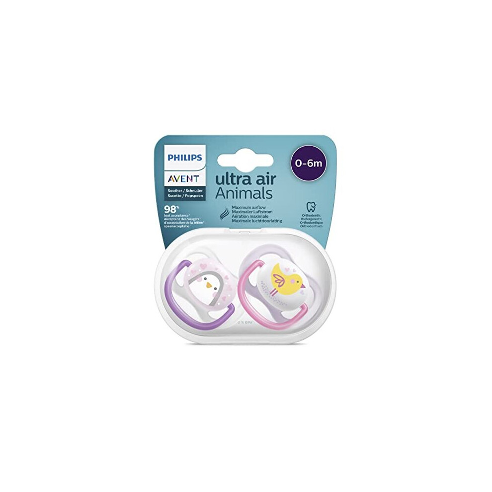 Avent Ultra Air Animals 2 Orthodontic Silicone Soothers 0-6 Months - Pinguin/Bird Purple and Pink