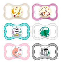 Mam Day & Night Mam Air Skin Soft Silicone Dummy 16+ // Mam Air Night Girl // Set of 6 // incl. 3 sterilisation transport boxes.