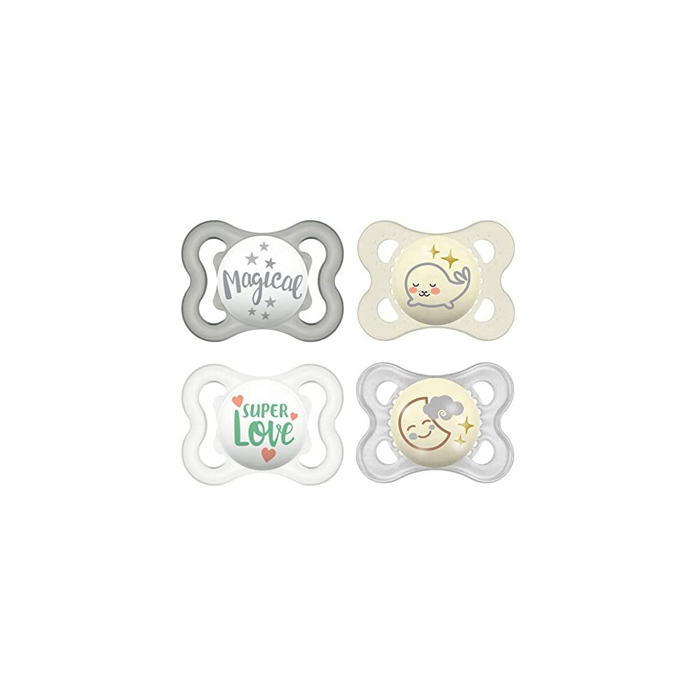 MAM Day & Night "Skin Soft" Silicone Dummy 0-6 // Neutral // Set of 4 // Includes 2 Sterilised Transport Boxes