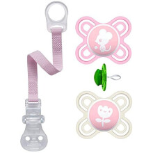 MAM Perfect Start Dental Dummy mini X-Small 0-2 months, pack of 2 for Girls & Nip Soother Band