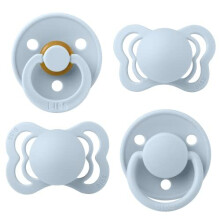 BIBS Try-it Soother 4-Pack. BPA Free, Round, Symmetrical and Orthodontic Nipple. Natural Rubber / Silicone, Size 1 (0-6 Months), Baby Blue