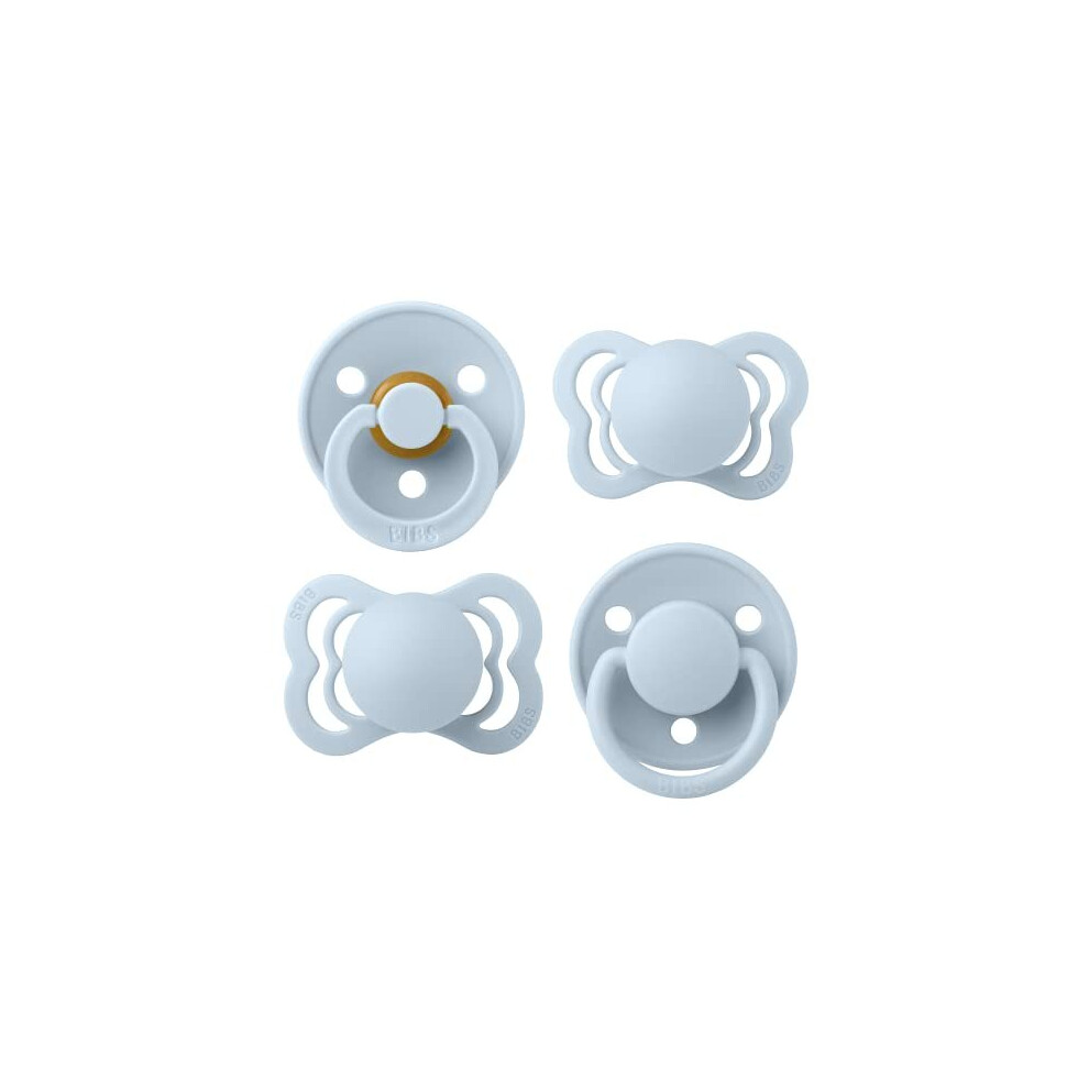 Bibs Try-It Soother 4-Pack. Bpa Free, Round, Symmetrical And Orthodontic Nipple. Natural Rubber / Silicone, Size 1 (0-6 Months), Baby Blue