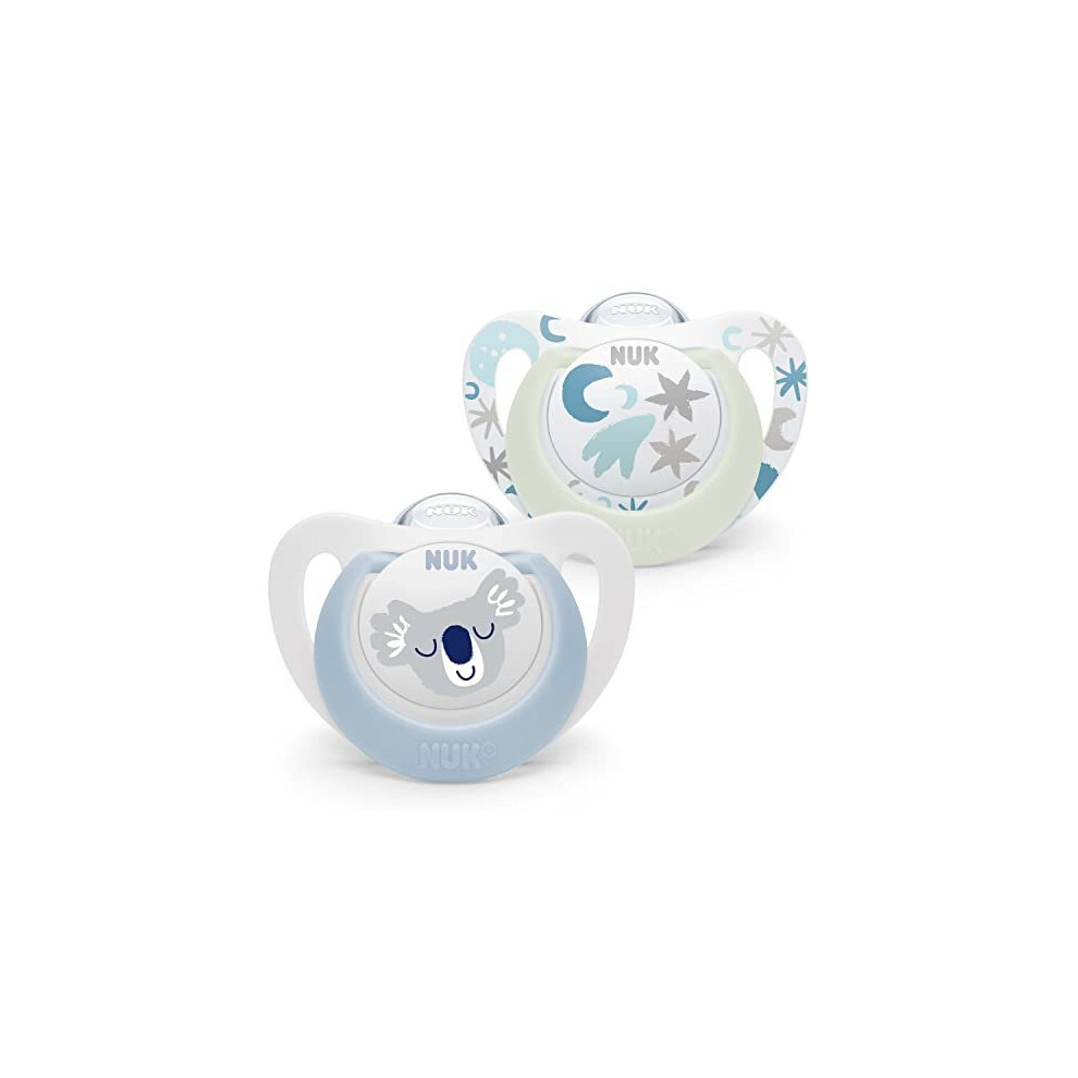 NUK Star Night & Day Baby Pacifier | 0-6 Months | Glow in The Dark | BPA Free Silicone | Koala Blue | 2 Pieces