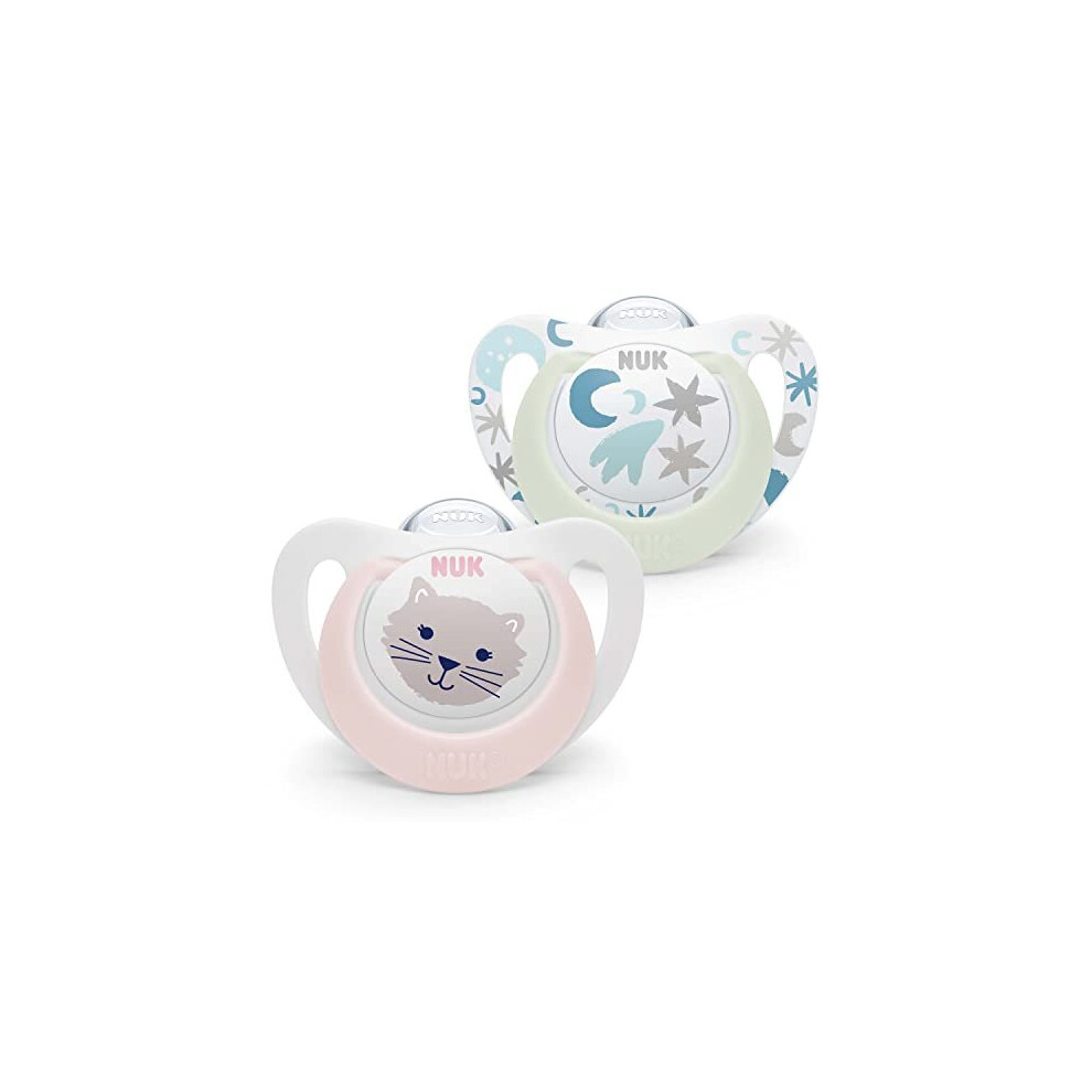 Nuk Star Night & Day Baby Pacifier 0-6 Months Luminous Lollipop BPA Free Silicone Pink Cat 2 Pack