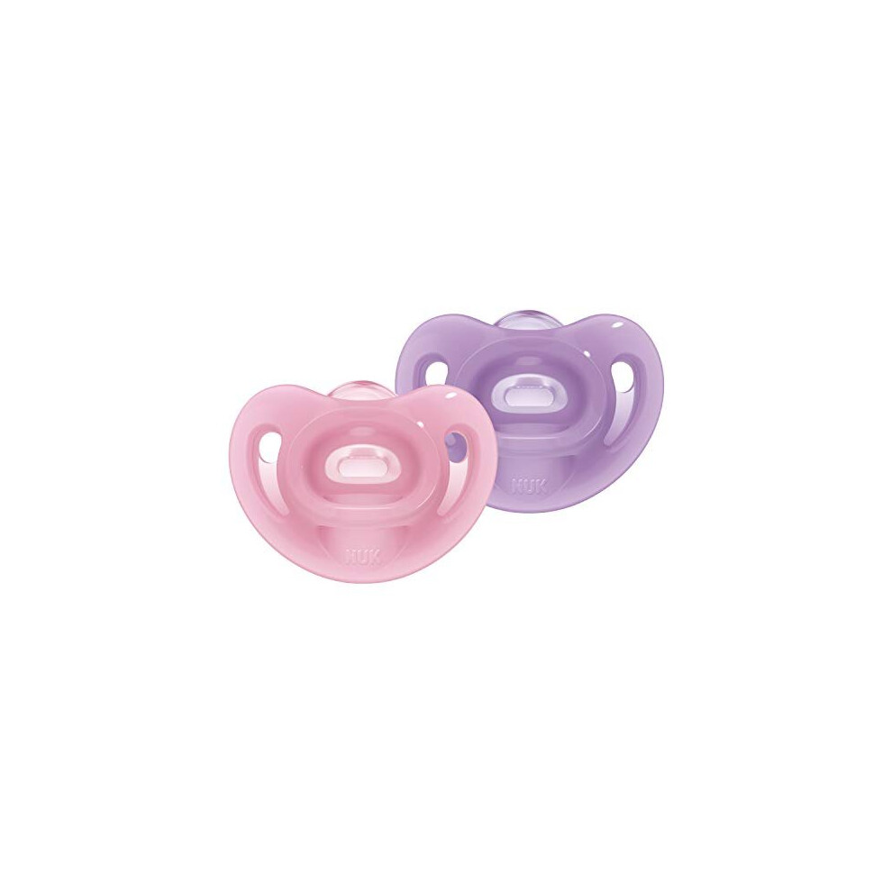 NUK Sensitive Dummy, 6-18 Months, 100% Silicone for Delicate Skin, BPA-Free, Purple & Pink, Pack of 2