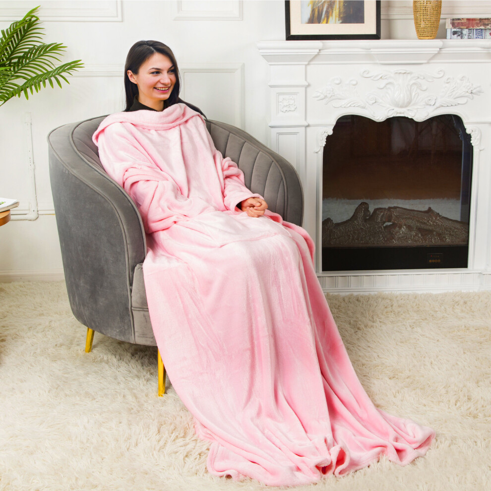 (Pink) Cosy Fleece Wearable Blanket Extra Long And Warm