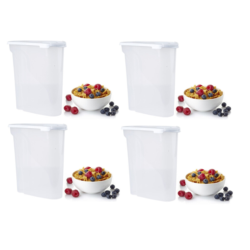 4 x 5L Large Cereal Dispenser Dry Food Storage Tub Clear White Lid