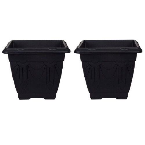 2 Black Square Venetian Pot Decorative Plastic Garden Planter 22cm
