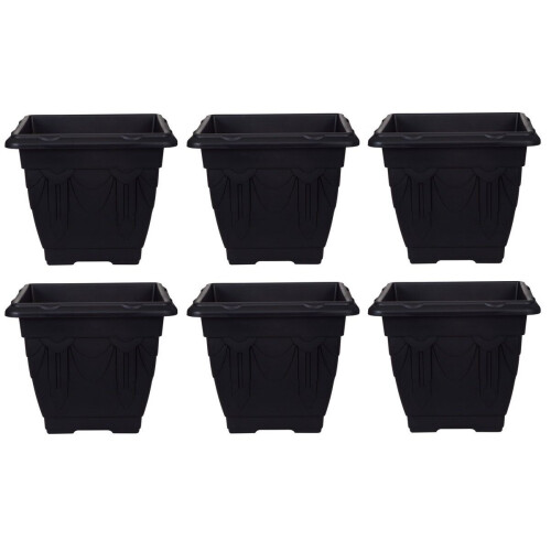 6 Black Square Venetian Pot Decorative Plastic Garden Planter 22cm