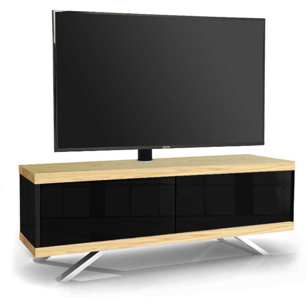 MDA Designs TUCANA 1200 HYBRID OAK COMPLETE Beam Thru Remote-Friendly 32"-60" Flat Screen Oak and Gloss Black Cantilever TV Cabinet