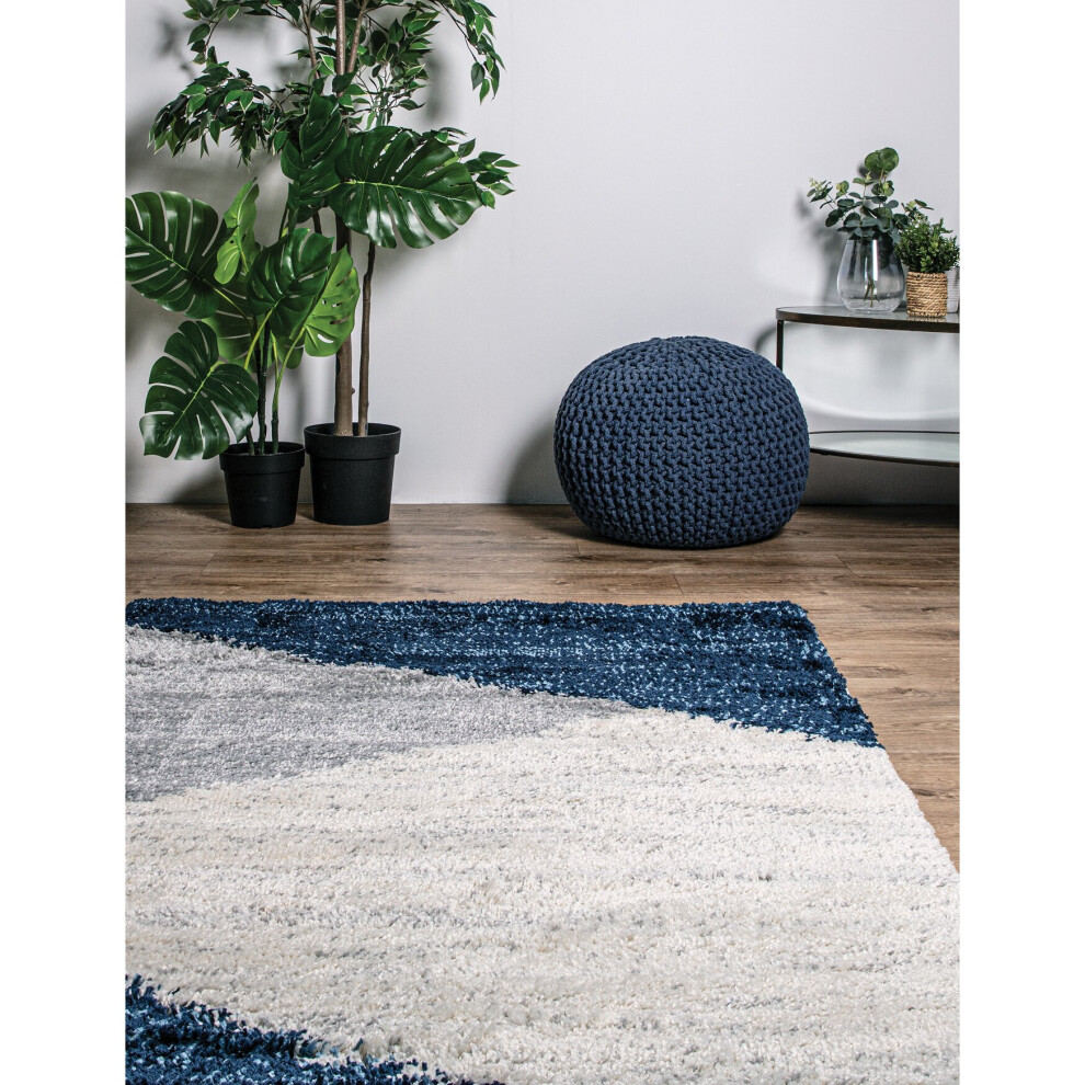 (Navy) Nordic Shaggy Rug for Bedroom Dining Living Room Modern Skandi Soft Rug Grey Large 150x210 cm (4'11"x6'7")