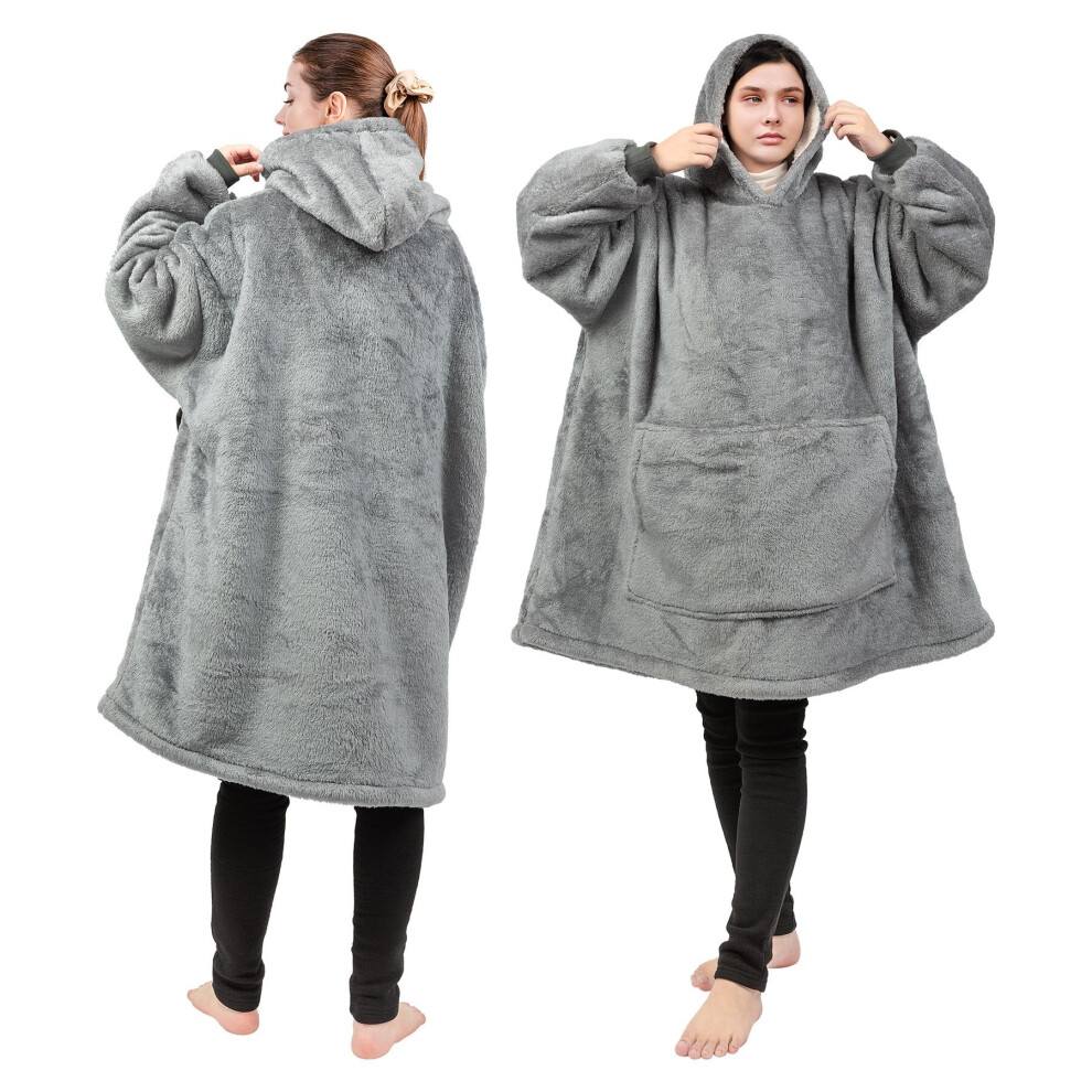 (Grey) Adults Cosy Fleece Wearable Hooded Blanket