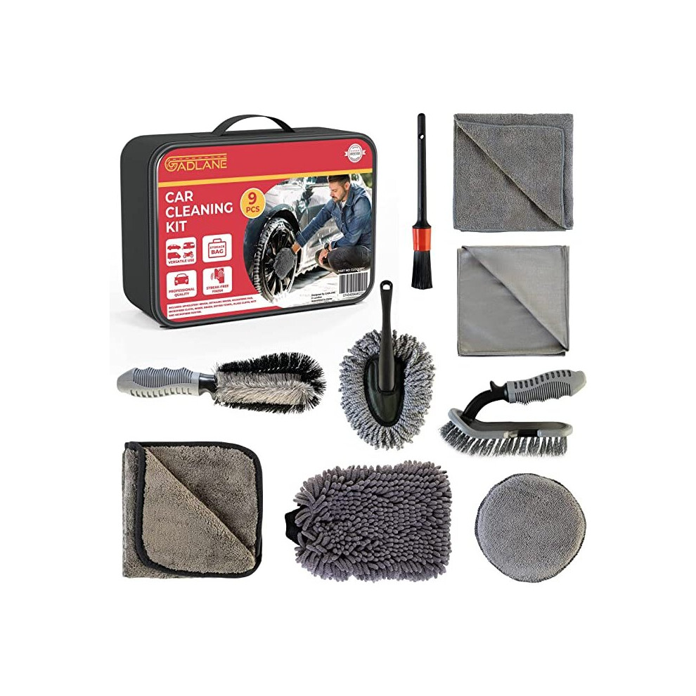 Gadlane 9 Piece Car Cleaning Kit With Storage Bag Includes Upholstery Brush, Detailing Brush, Microfibre Pad, Microfibre Cloth, Wheel 745499646222