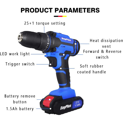 Blue Screwdriver w/Battery Fast Charger Powerful Cordless Drill Set 1