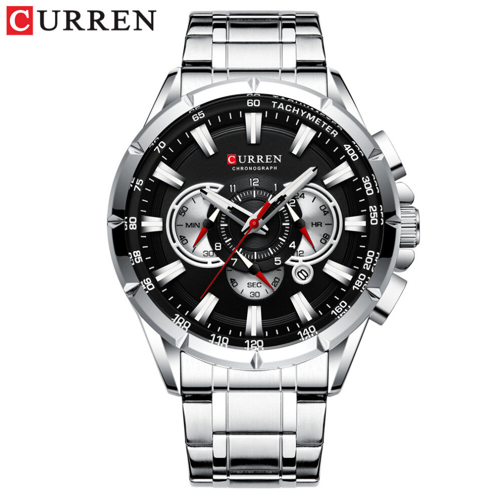 (Silver Black) CURREN Men Watch Causal Sport Chronograph Steel Wristwatch Date Display Watches