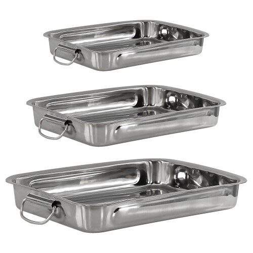 GEEZY 3-Piece Stainless Steel Roasting Trays Set – Oven & Dishwasher Safe, Movable Handles, Different-Sized Trays