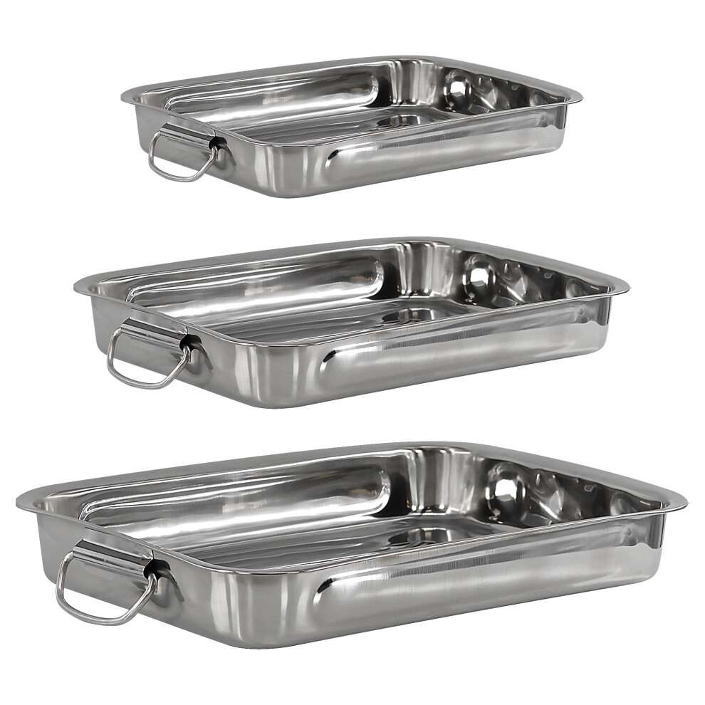 GEEZY Set of 3 Stainless Steel Roasting Trays Pans Bakeware Dish Oven Dishwasher Safe