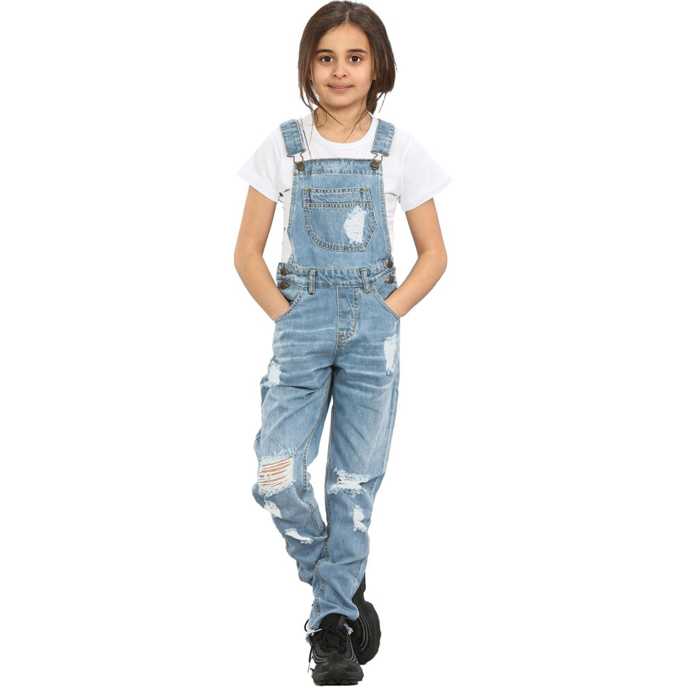 (11-12 Years, Light Blue) Girls Denim Dungaree Full Length Ripped Jeans