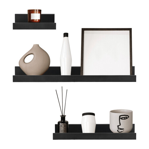 (Black) GEEZY Set of 3 Floating Wall Shelves Picture Ledge Display Rack Book Hanging Shelf